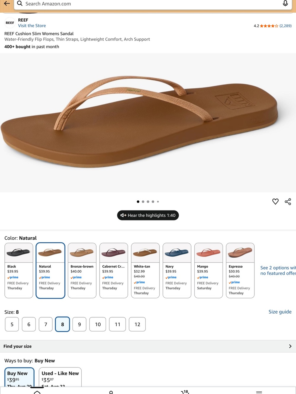Reef Women's Cushion Slim Flip Flop Sandal in Natural Brown